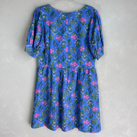 LOFT size 10 U neck puff sleeve short dress fit & flare blue floral linen blend - Picture 9 of 13